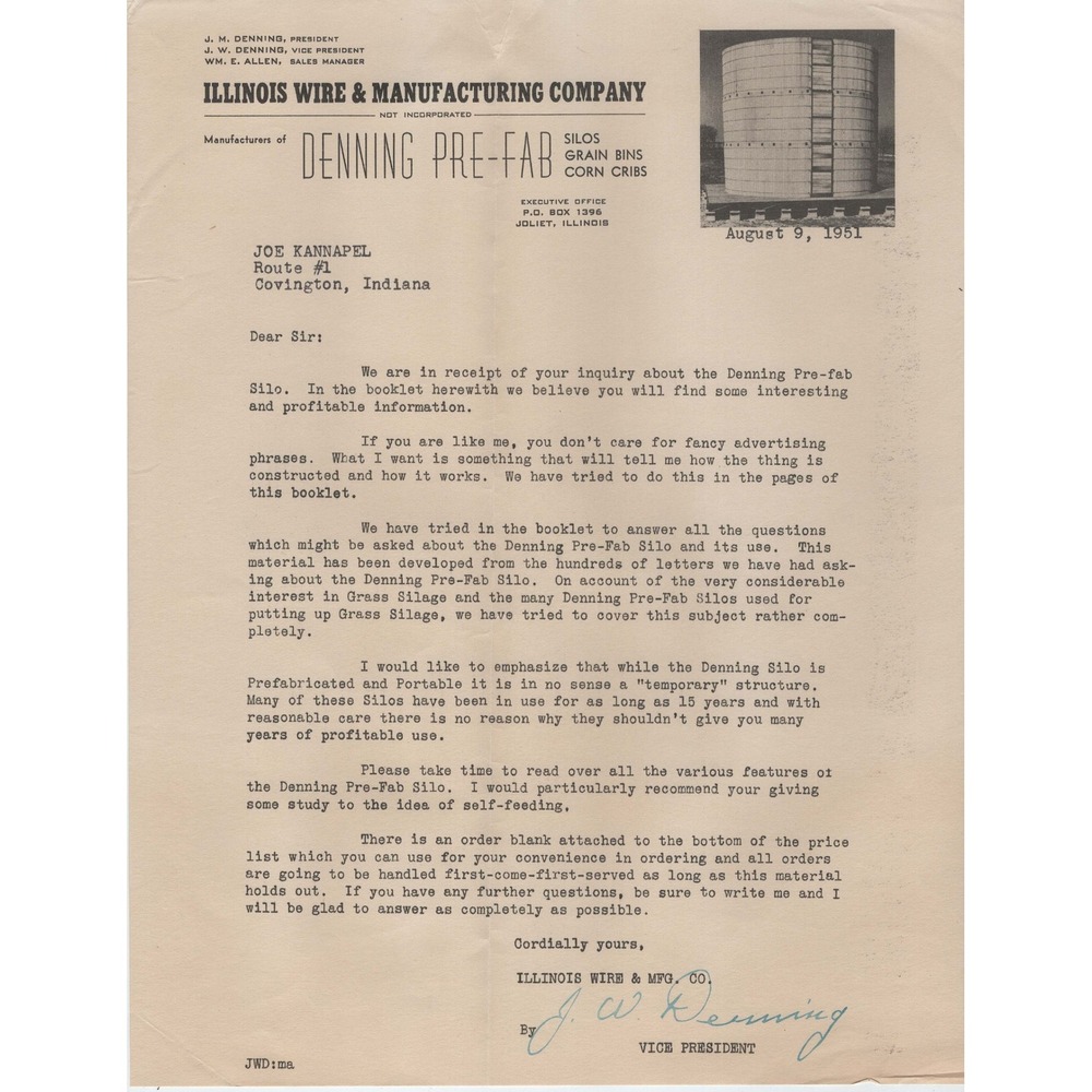 Vintage 1951 Denning Line Prefab Silo Grain Bin Catalog & Letter Joliet Illinois - Picture 4 of 4